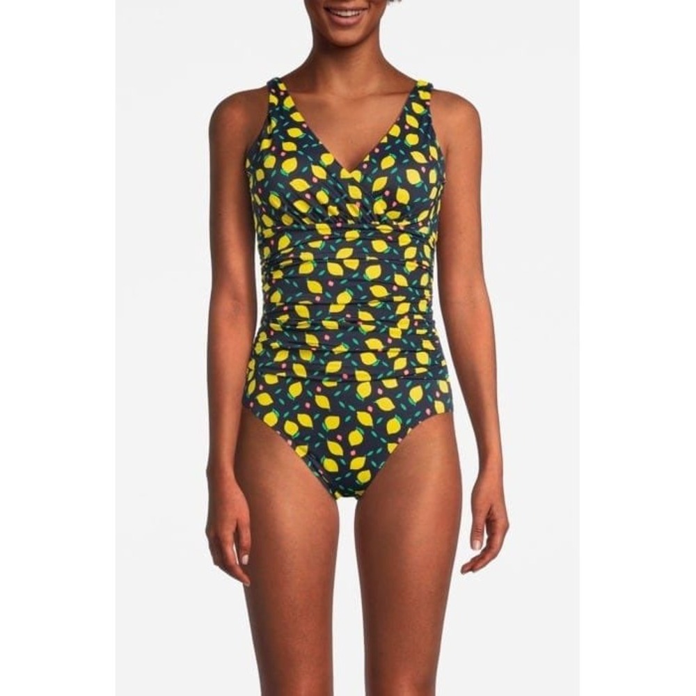 Boden Talamanca One Piece Swimsuit Lemon Print Navy Blue 16 XL Ruched V-Neck
